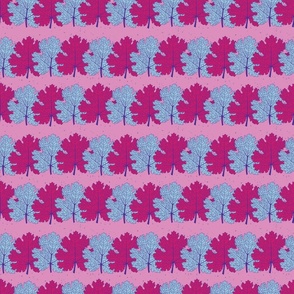 Small Scale Plume Poppy Leaves in bright pink and blue on a textured background
