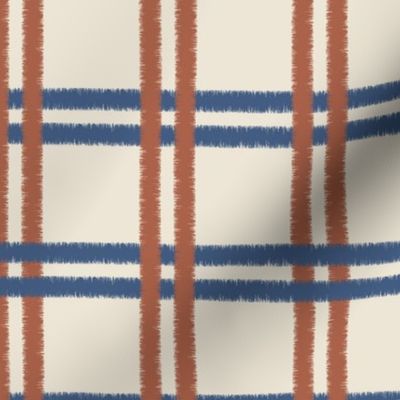 Ikat plaid cabin core orange and blue on cream - small scale