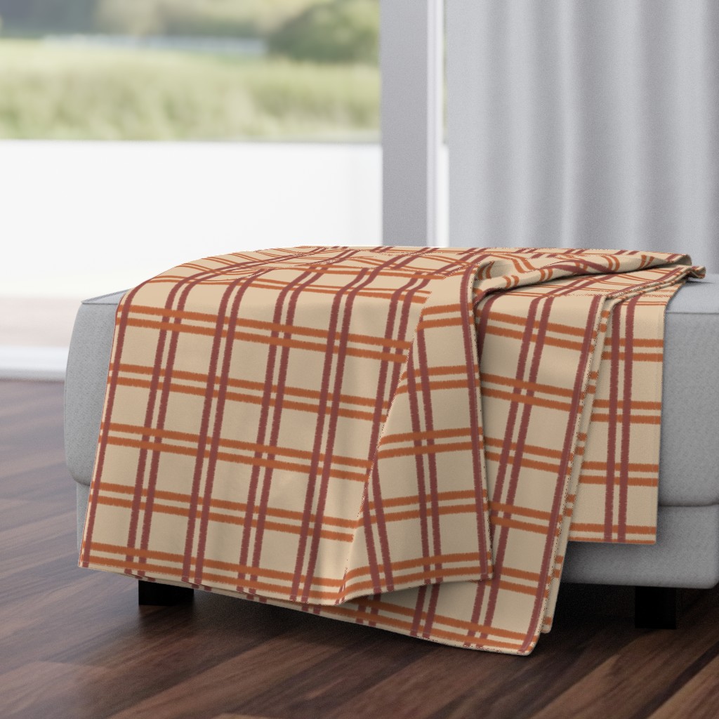 Ikat plaid cabin core orange and brick red on beige tan - small scale