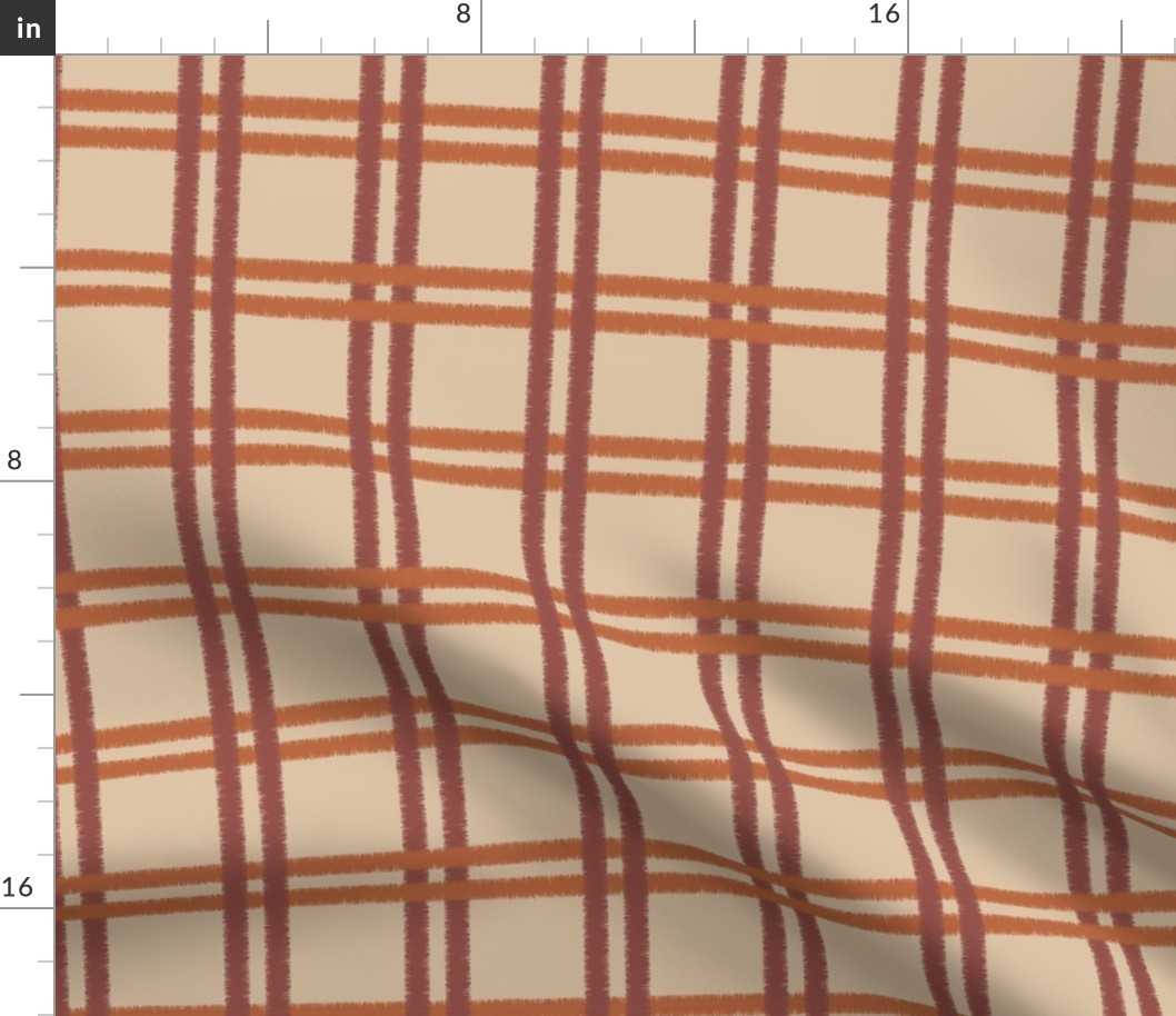 Ikat plaid cabin core orange and brick red on beige tan - small scale