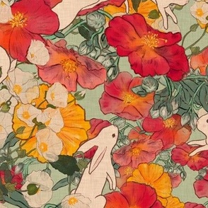 Leaping white bunnies in oversized red and yellow flowers on mint