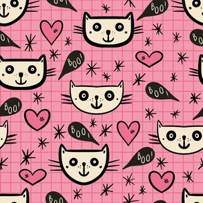 Happy-Halloween-cats-with-boo-speech-bubbles-and-hearts-on-vintage-pink-XL-jumbo