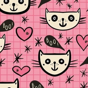 Happy-Halloween-cats-with-boo-speech-bubbles-and-hearts-on-vintage-pink-M-medium