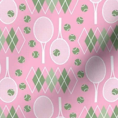 Preppy Green Argyle White Tennis Rackets and Green Tennis Balls on light pink background