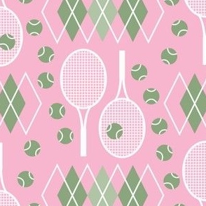 Preppy Green Argyle White Tennis Rackets and Green Tennis Balls on light pink background