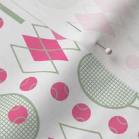 Preppy Pink Argyle Green Tennis Rackets and Pink Tennis Balls on white background