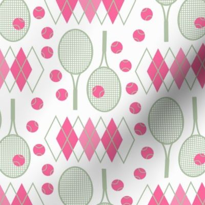 Preppy Pink Argyle Green Tennis Rackets and Pink Tennis Balls on white background