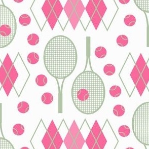 Preppy Pink Argyle Green Tennis Rackets and Pink Tennis Balls on white background