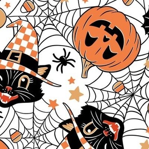 Medium Scale / Vintage Halloween Cat Pumpkin Bat Spider  / White