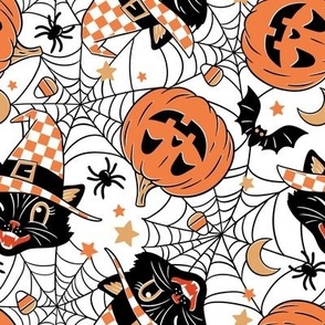 Small Scale / Vintage Halloween Cat Pumpkin Bat Spider  / White