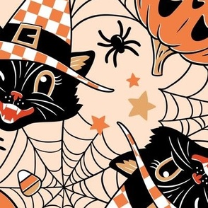 Large Scale / Vintage Halloween Cat Pumpkin Bat Spider  / Peach