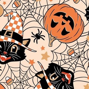 Medium Scale / Vintage Halloween Cat Pumpkin Bat Spider  / Peach