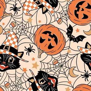 Small Scale / Vintage Halloween Cat Pumpkin Bat Spider  / Peach
