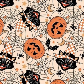 Tiny Scale / Vintage Halloween Cat Pumpkin Bat Spider / Peach