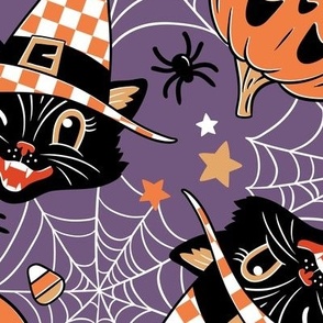 Large Scale / Vintage Halloween Cat Pumpkin Bat Spider / Purple