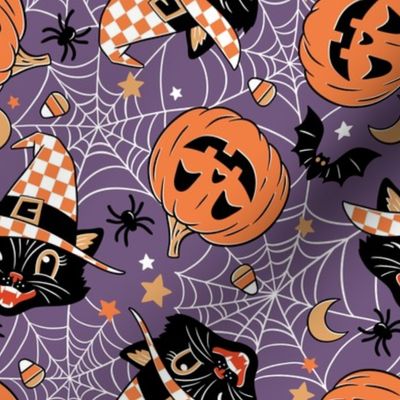 Small Scale / Vintage Halloween Cat Pumpkin Bat Spider / Purple