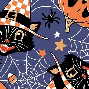 Large Scale / Vintage Halloween Cat Pumpkin Bat Spider / Navy