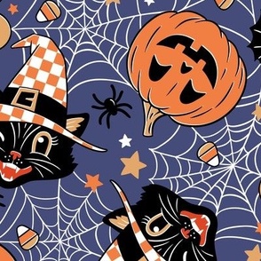 Medium Scale / Vintage Halloween Cat Pumpkin Bat Spider / Navy
