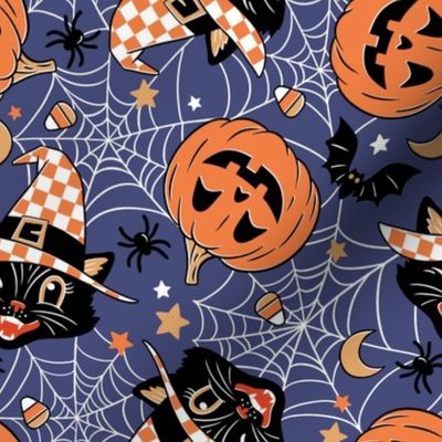 Small Scale / Vintage Halloween Cat Pumpkin Bat Spider / Navy