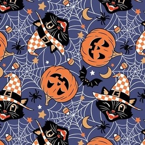 Tiny Scale / Vintage Halloween Cat Pumpkin Bat Spider / Navy