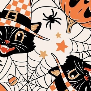 Large Scale / Vintage Halloween Cat Pumpkin Bat Spider / Off-White