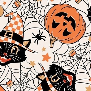 Medium Scale / Vintage Halloween Cat Pumpkin Bat Spider  / Off-White