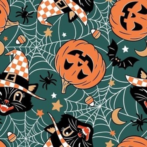 Small Scale / Vintage Halloween Cat Pumpkin Bat Spider  / Forest Green