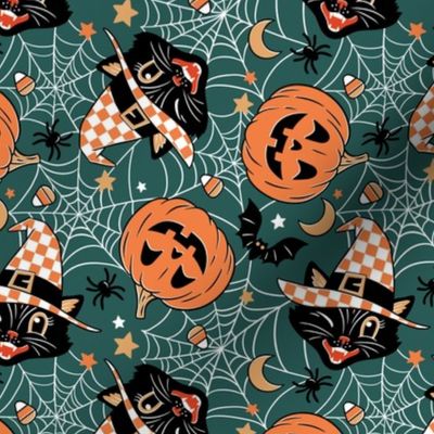 Tiny Scale / Vintage Halloween Cat Pumpkin Bat Spider  / Forest Green