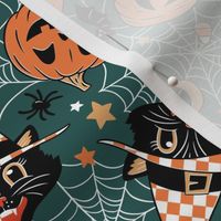 Tiny Scale / Vintage Halloween Cat Pumpkin Bat Spider  / Forest Green