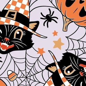 Large Scale / Vintage Halloween Cat Pumpkin Bat Spider  / Lavender