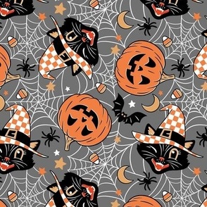 Tiny Scale / Vintage Halloween Cat Pumpkin Bat Spider  / Charcoal