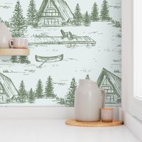 Lake House Camping Wallpaper - Toile Green and Light Blue - 12” Fabric - REVISED