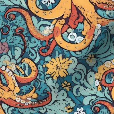 octopus in a floral sea