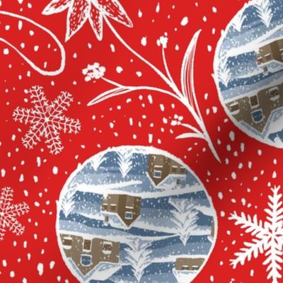 Snowy Christmas Decorations Red Background