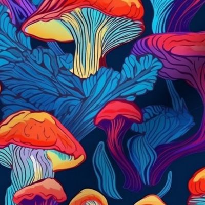 pop art mushrooms in blue and purple and red