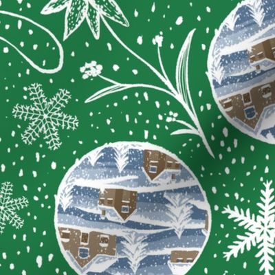 Snowy Christmas Decorations Green Background