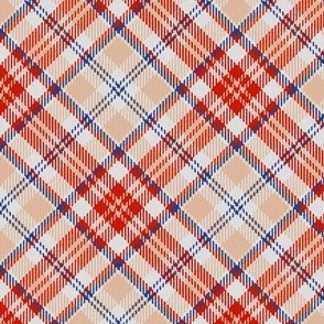 Dark Blue Red and Peach White Boxes Plaid 45 degree angle