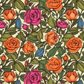 william morris red and orange and pink roses