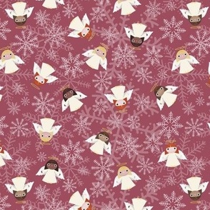 Mini - Cute Christmas Angels & Festive Snowflakes - Claret Red