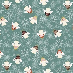 Mini - Cute Christmas Angels & Festive Snowflakes - Sage Green