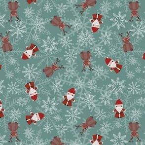 Mini - Cute Christmas Santa, Rudolph & Festive Snowflakes - Sage Green