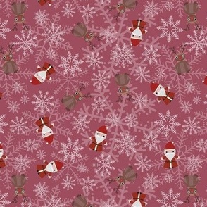Mini - Cute Christmas Santa, Rudolph & Festive Snowflakes - Claret Red