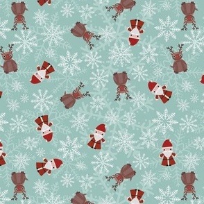Mini - Cute Christmas Santa, Rudolph & Festive Snowflakes - Soft Mint Green