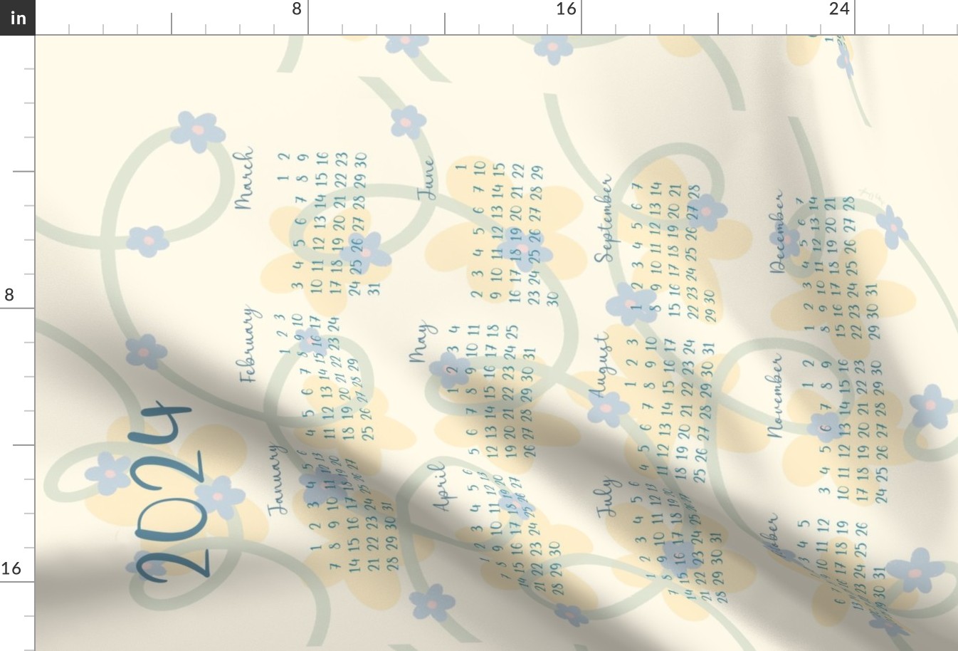 2024 Loopsy Daisy Calendar Tea Towel - Blue, Green, Yellow