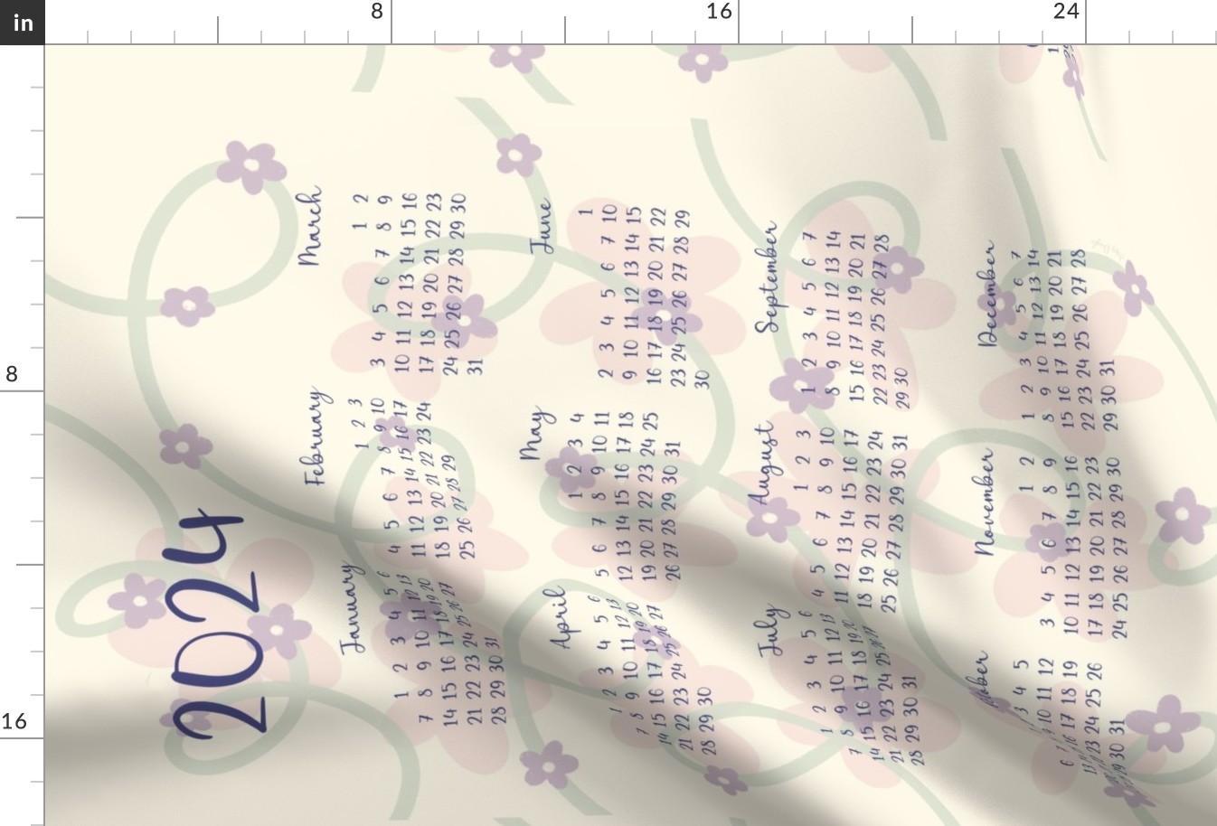2024 Loopsy Daisy Calendar Tea Towel - Purple, Green, Pink