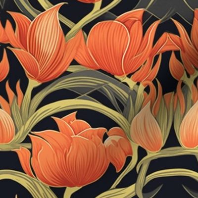 william morris orange and red and peach tulips