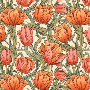 william morris red and orange blooming tulips