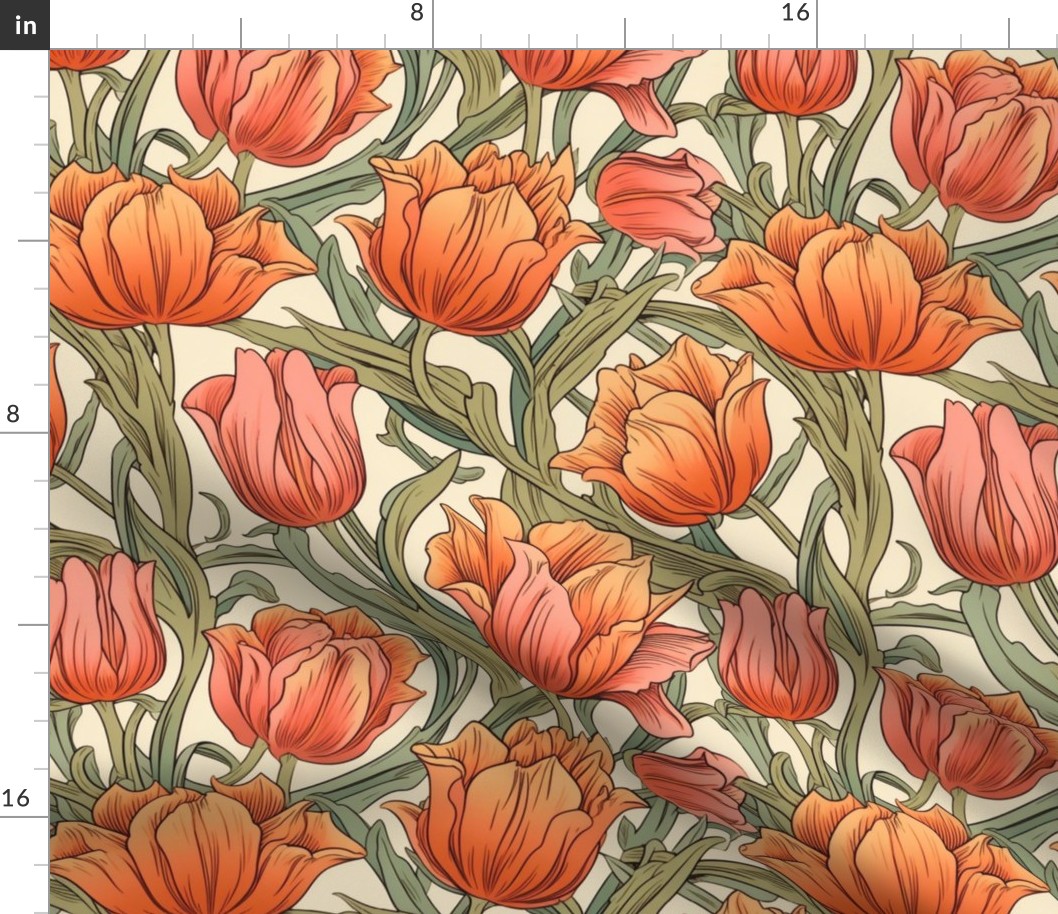 william morris red and orange blooming tulips