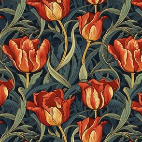 william morris inspired tulips in orange and red