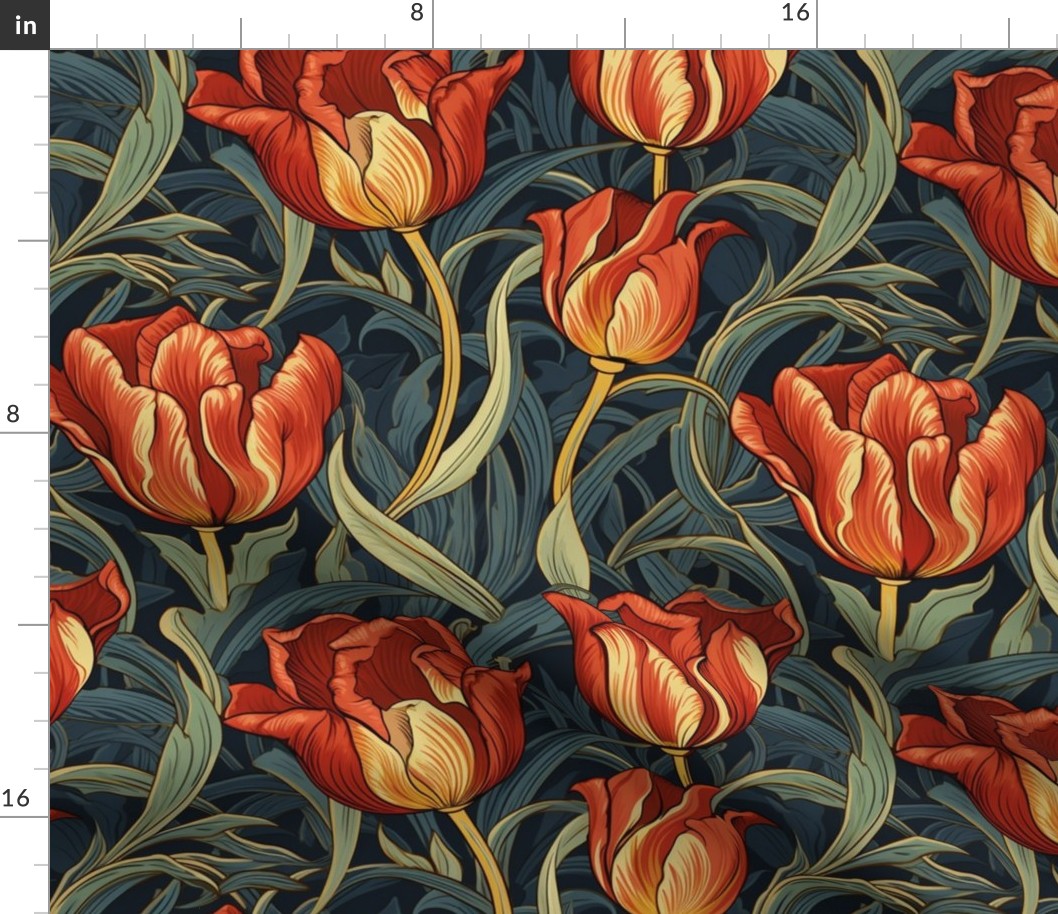 william morris inspired tulips in orange and red